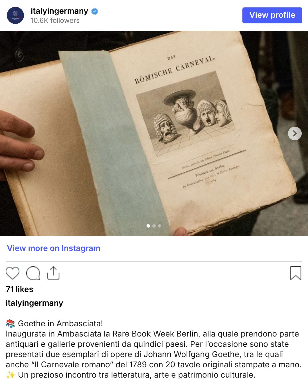 The Embassy of Italy’s Instagram post on Goethe at the embassy, with the title page of Das Römische Carneval