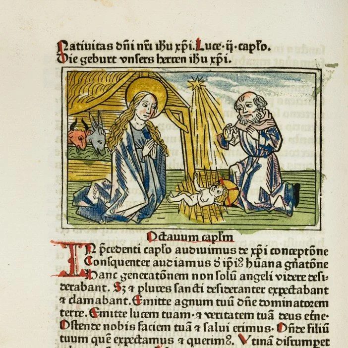 A hand-coloured woodcut of the Nativity in an incunable, from Heribert Tenschert’s page for the interview