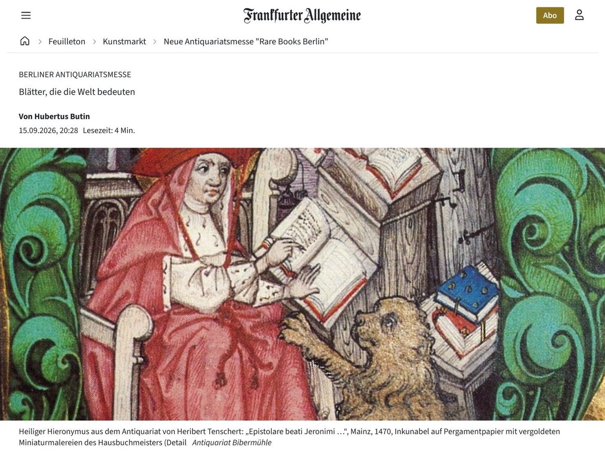 The faz.net article of 15 September 2026, with Saint Jerome from the Mainz incunable of 1470