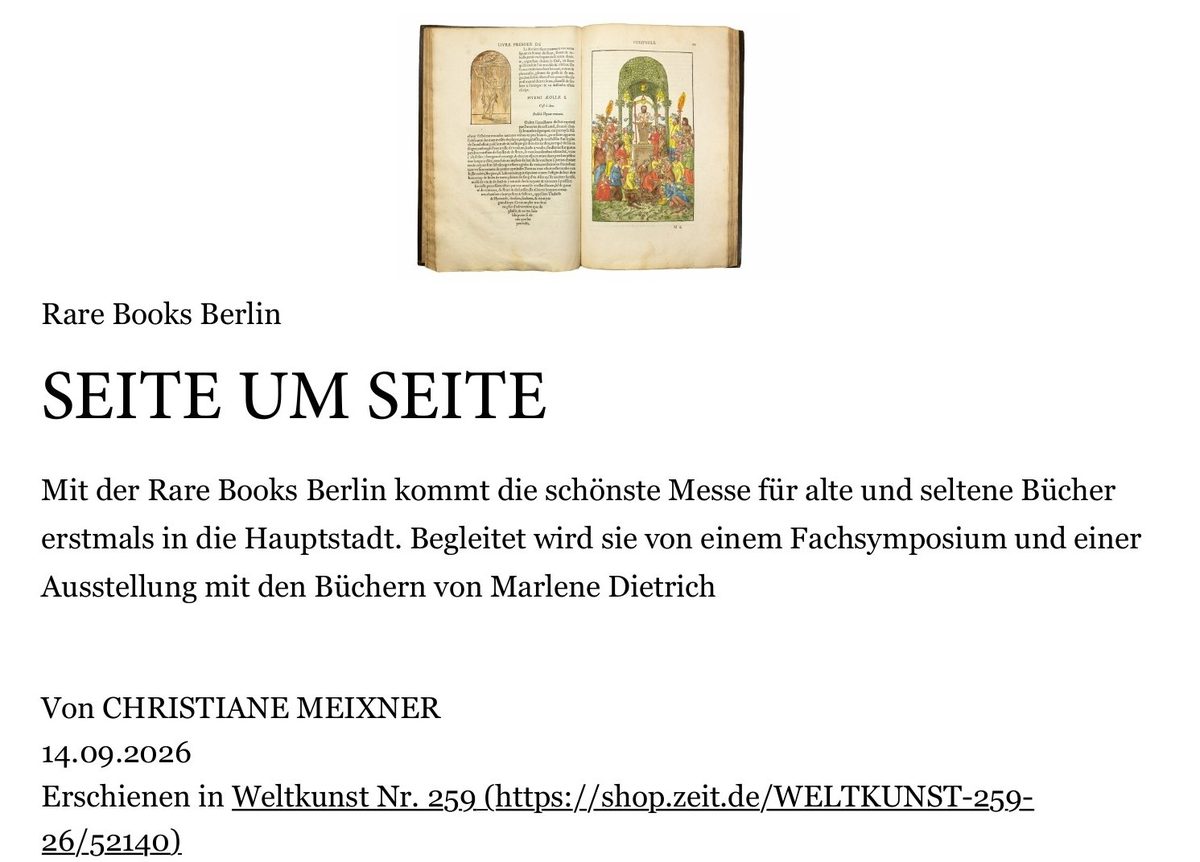 The Weltkunst article Seite um Seite, 14 September 2026