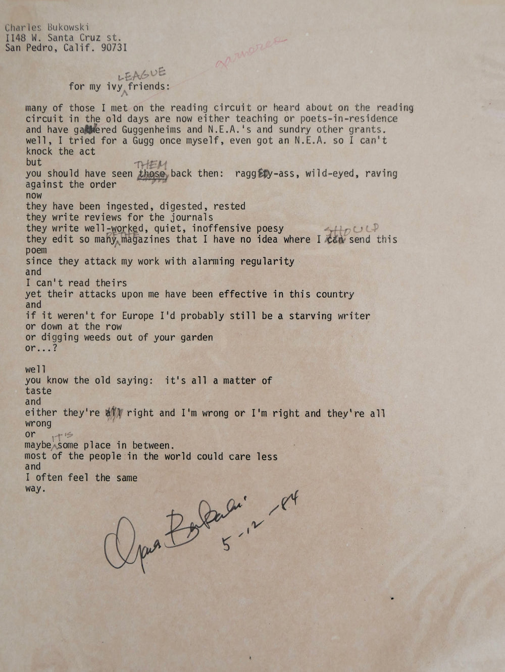 Charles Bukowski, "for my ivy league friends:" — the signed and corrected typescript, San Pedro, 12 May 1984; the publisher's file copy