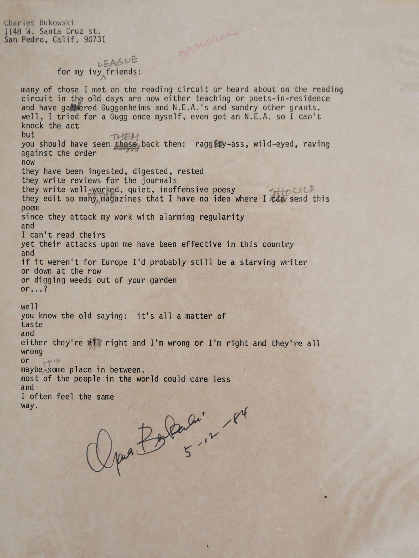 Charles Bukowski, "for my ivy league friends:" — the signed and corrected typescript, San Pedro, 12 May 1984; the publisher's file copy