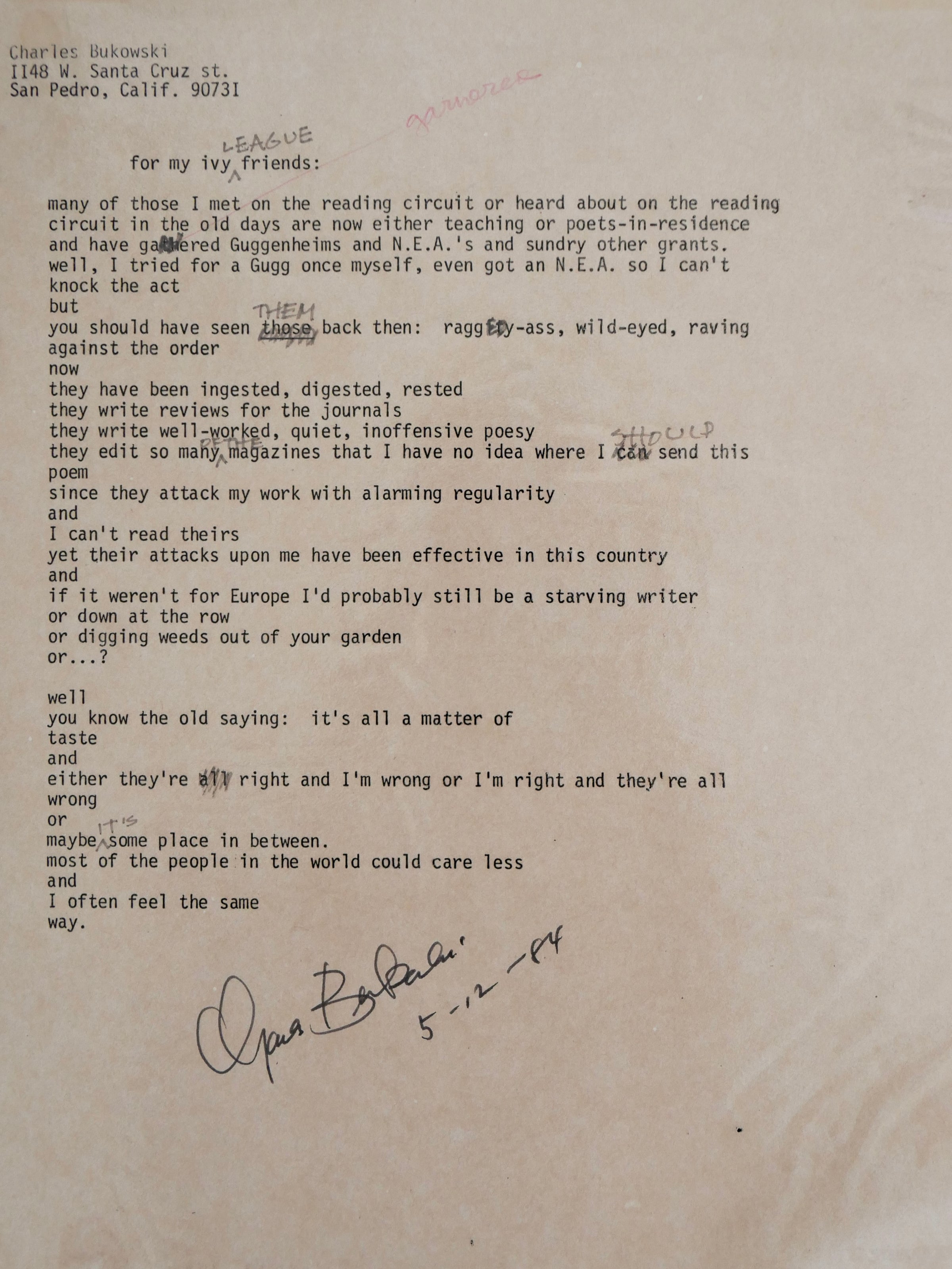 Charles Bukowski, "for my ivy league friends:" — the signed and corrected typescript, San Pedro, 12 May 1984; the publisher's file copy