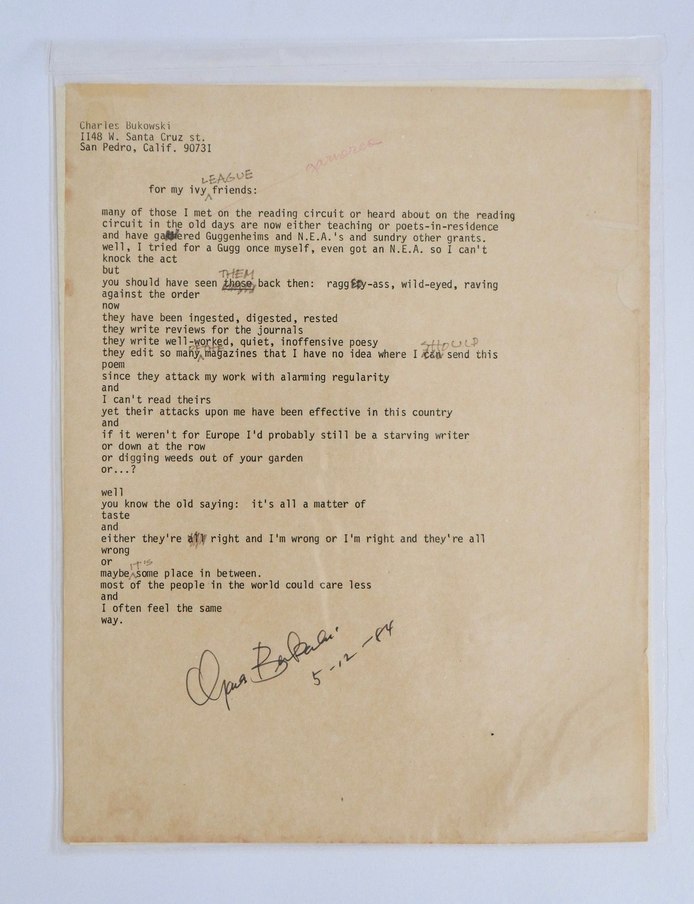 The Bukowski typescript as preserved, the full leaf in its archival sleeve