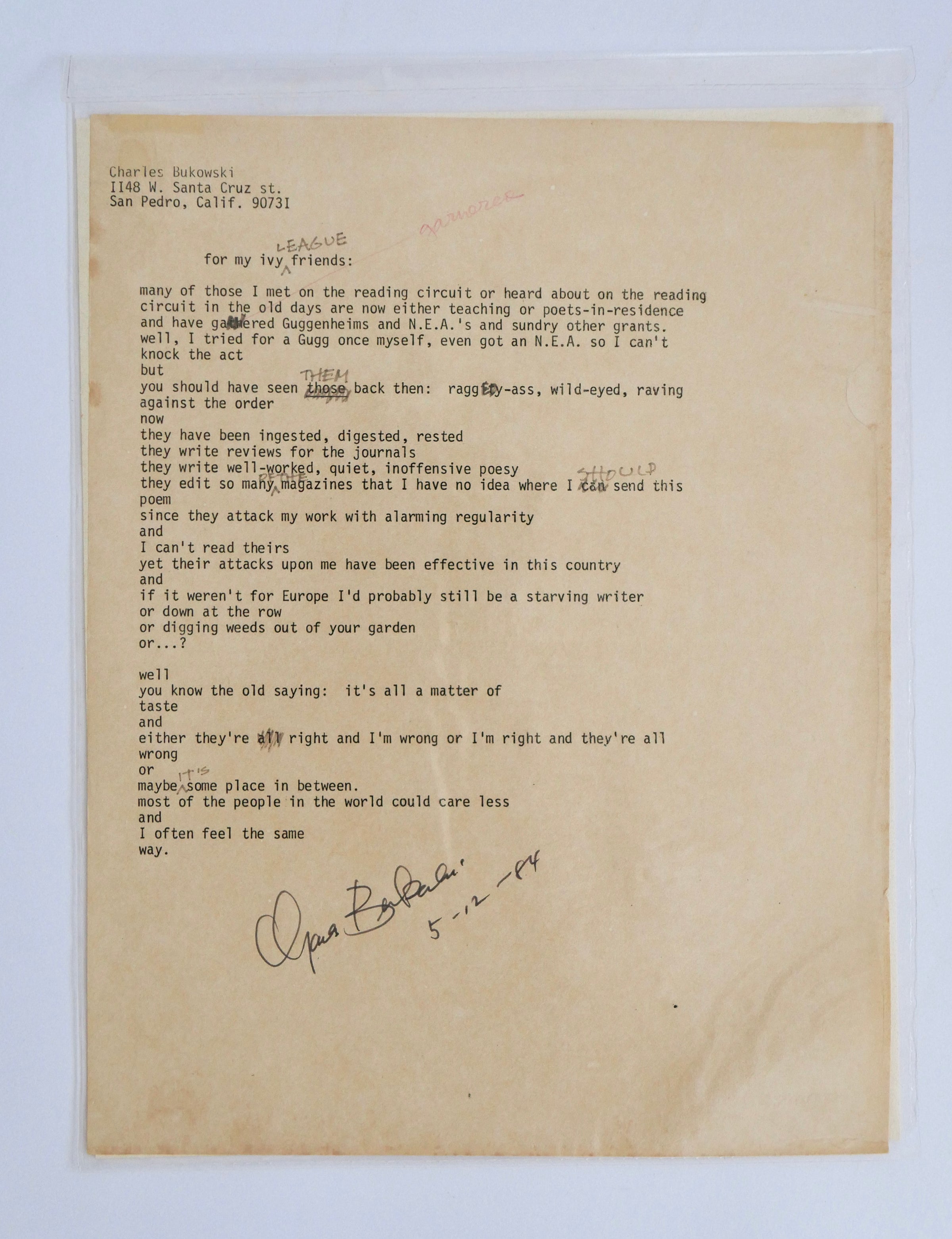 The Bukowski typescript as preserved, the full leaf in its archival sleeve