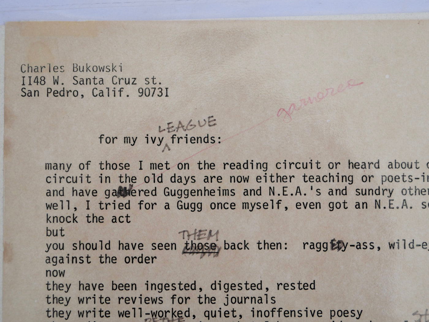 Detail: Bukowski's holograph insertion of "LEAGUE" into the title, with John Martin's red-pencil marking above