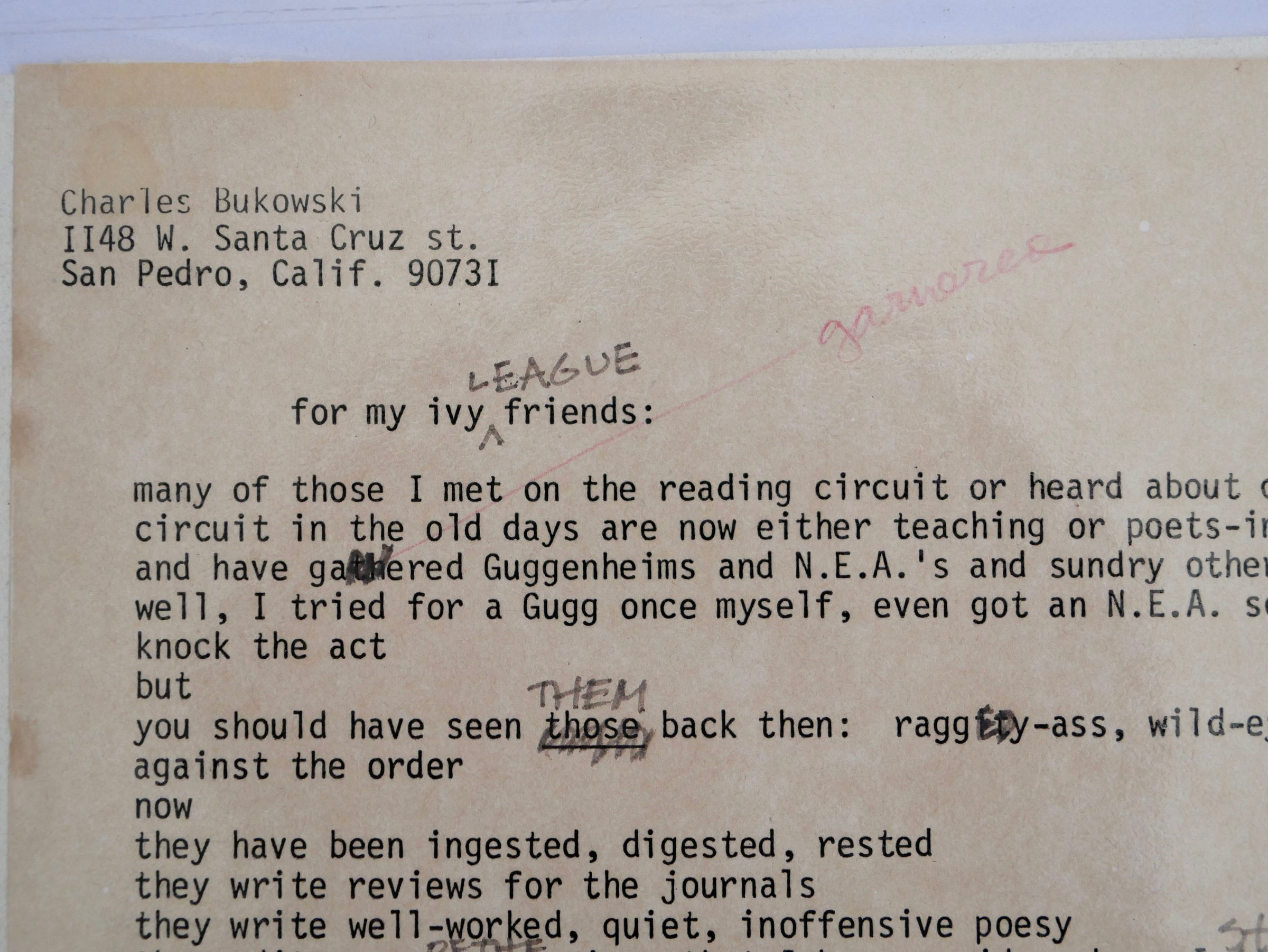 Detail: Bukowski's holograph insertion of "LEAGUE" into the title, with John Martin's red-pencil marking above