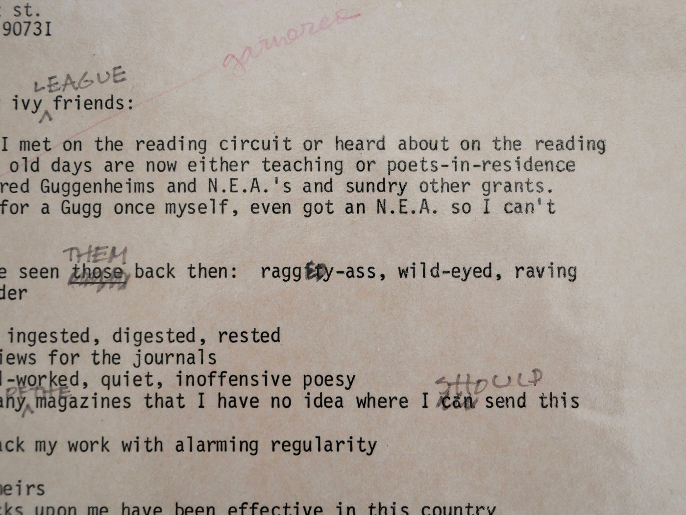 Detail: Bukowski's autograph revisions in graphite through the body of the poem