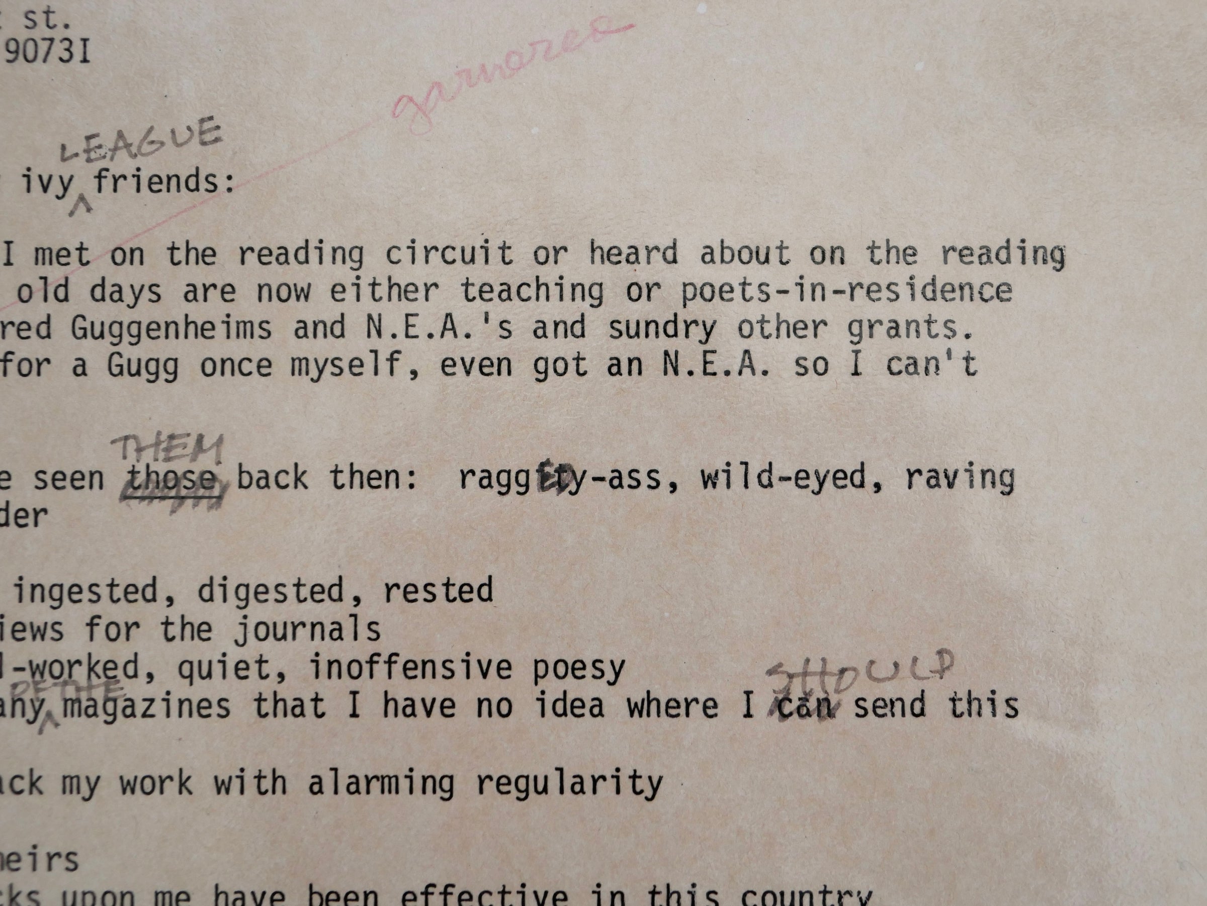Detail: Bukowski's autograph revisions in graphite through the body of the poem