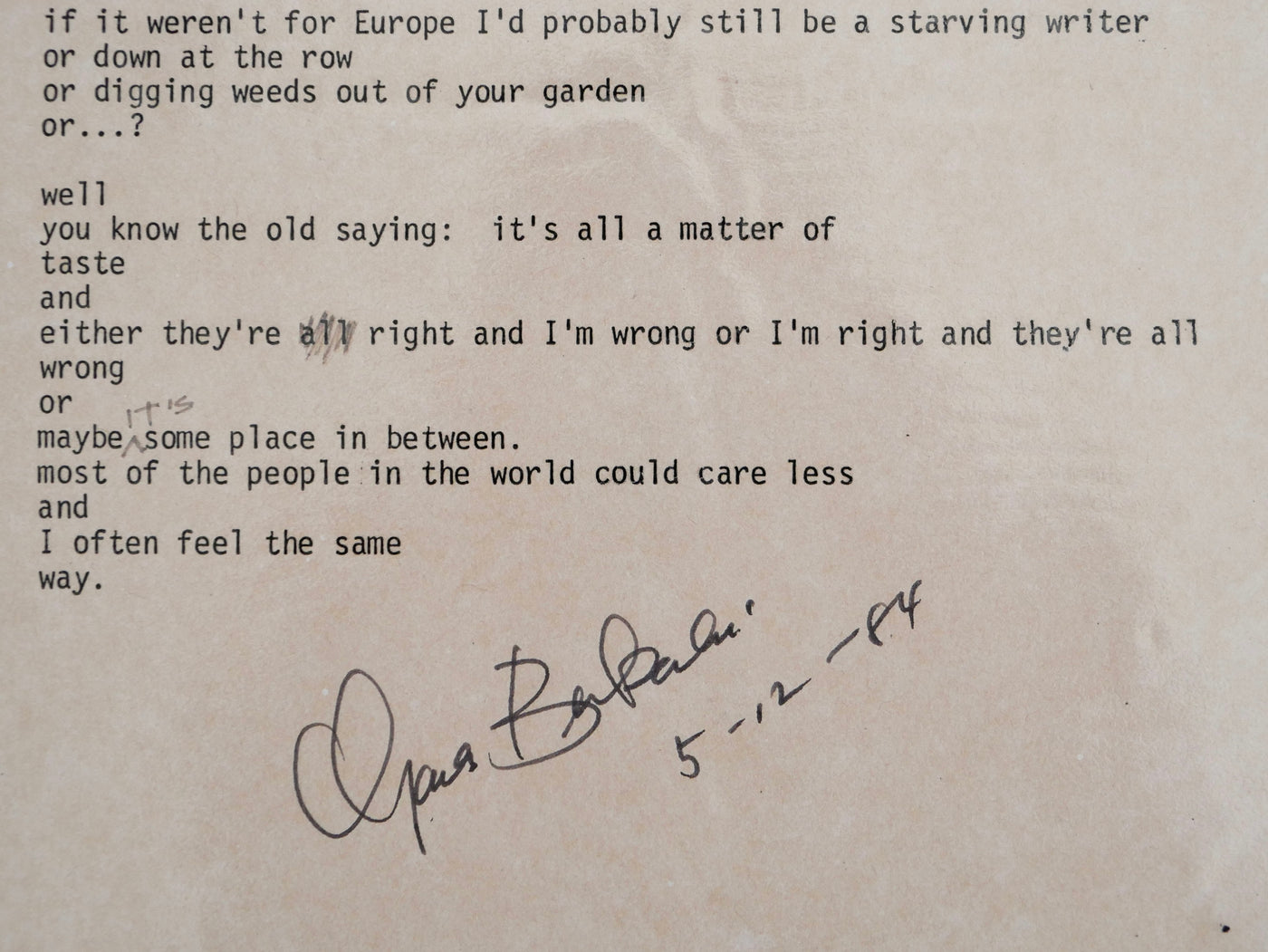 Detail: the closing lines, with a further autograph revision in graphite and Bukowski's ink signature dated 5-12-84