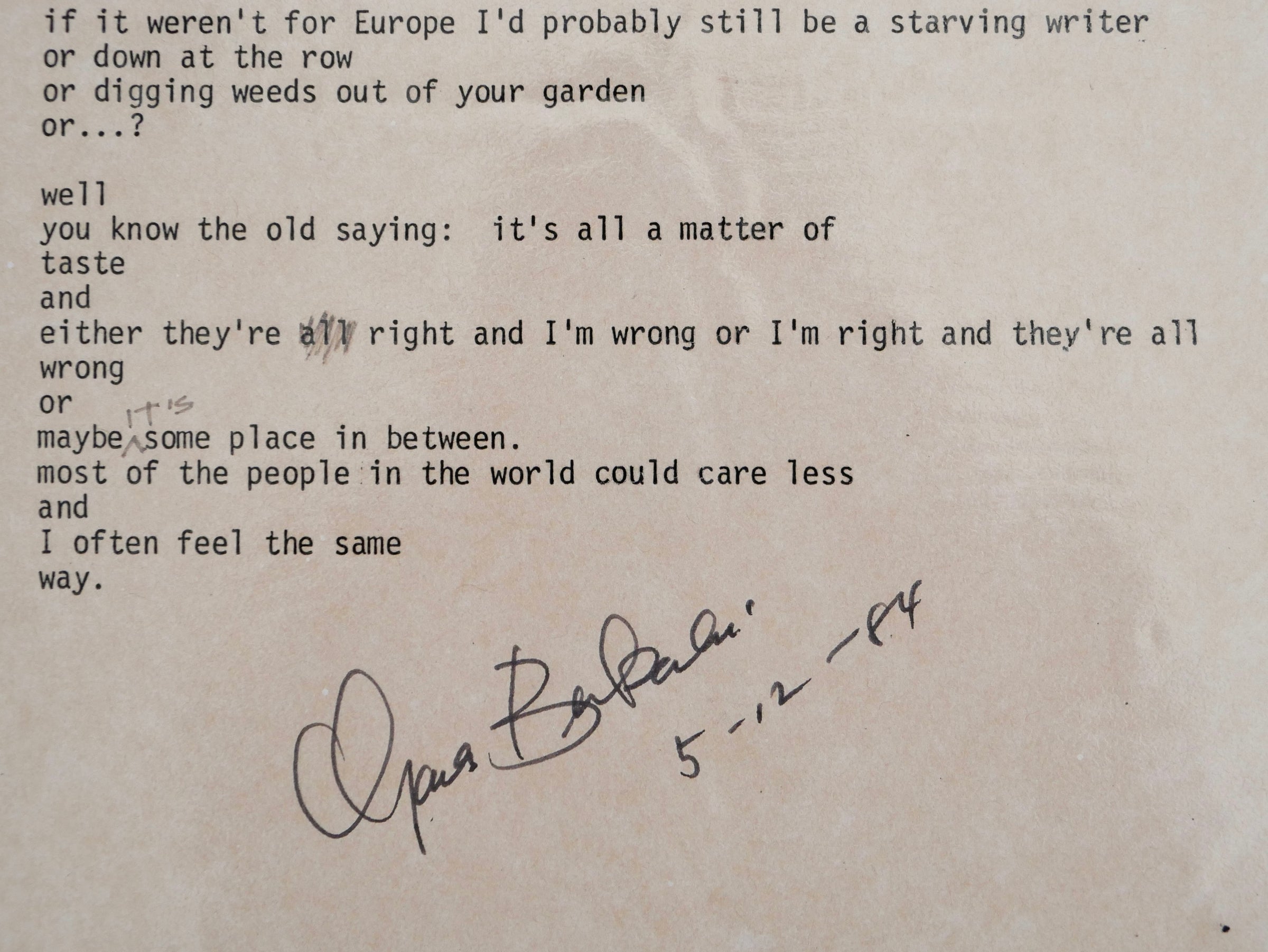 Detail: the closing lines, with a further autograph revision in graphite and Bukowski's ink signature dated 5-12-84