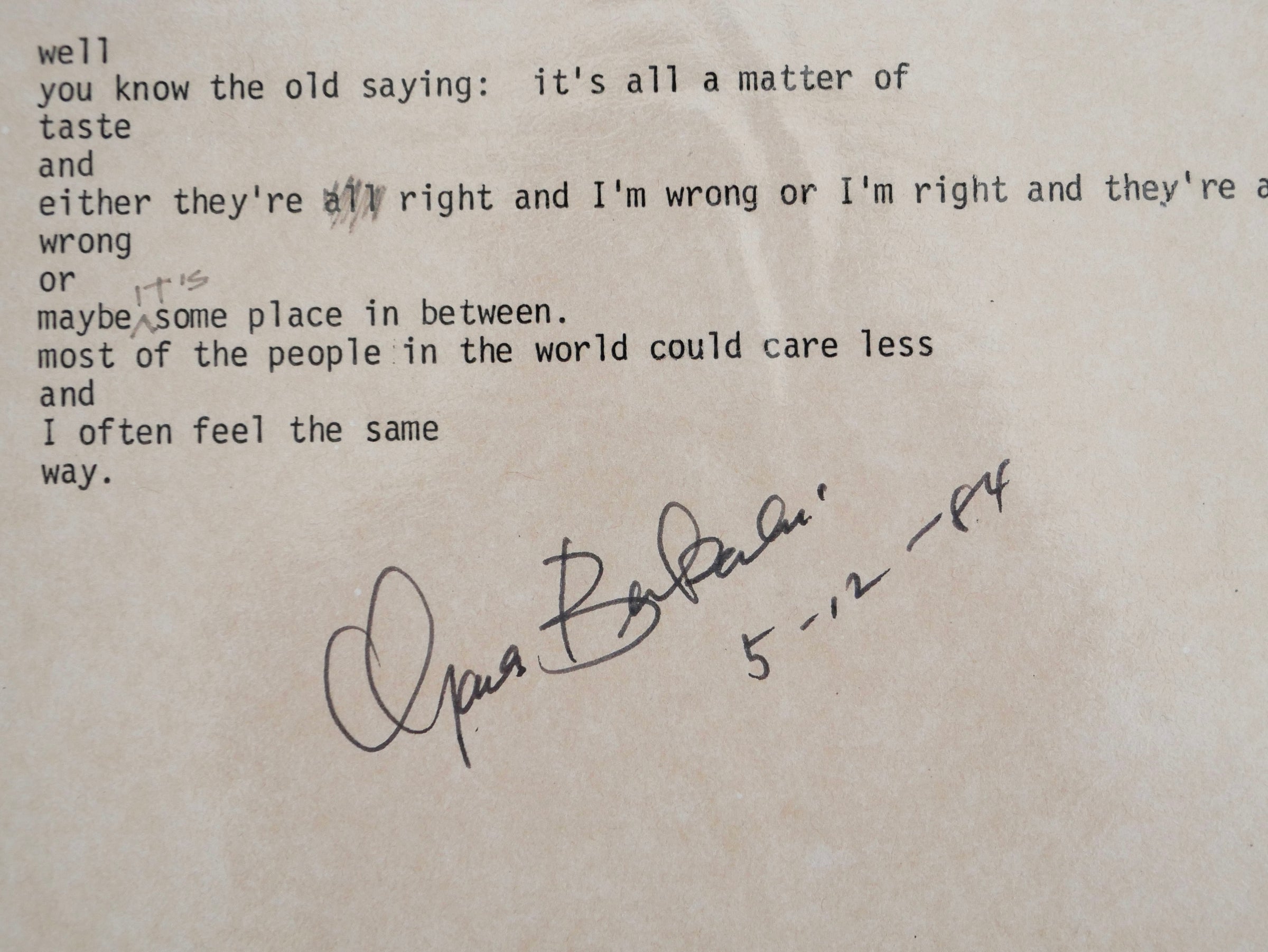 Detail: the final stanza and Bukowski's signature, dated 12 May 1984