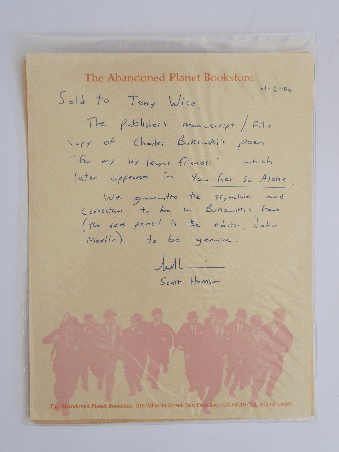 The Abandoned Planet Bookstore letter of sale and guarantee, San Francisco, 6 April 2000, on the shop's illustrated letterhead
