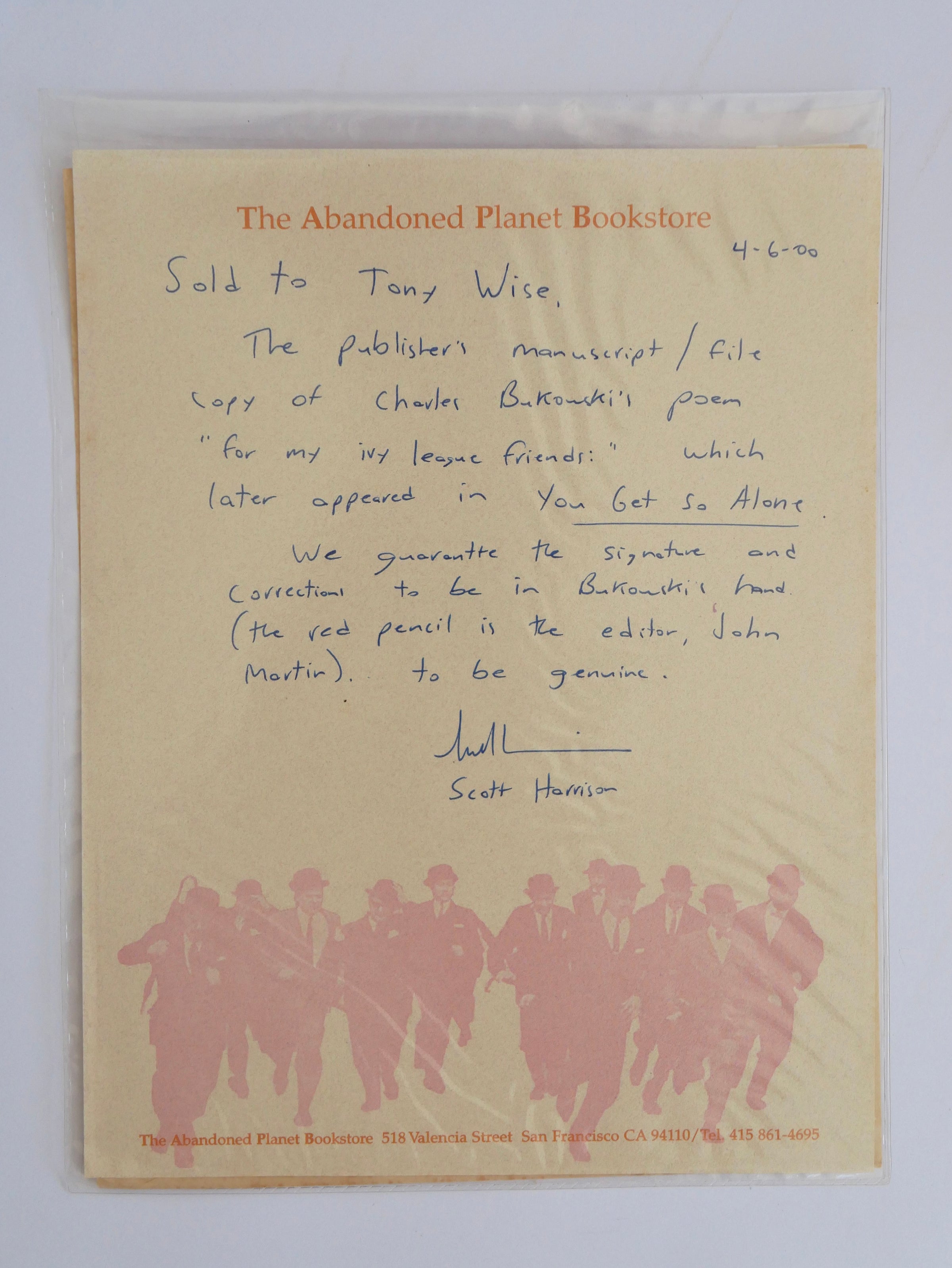The Abandoned Planet Bookstore letter of sale and guarantee, San Francisco, 6 April 2000, on the shop's illustrated letterhead
