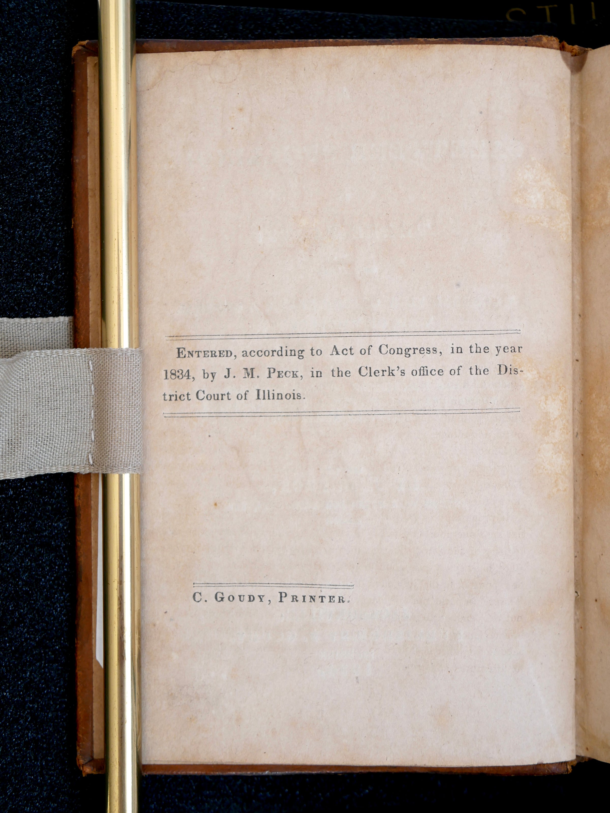 A cornerstone of Illinois frontier Americana — the first edition, in period tree calf, with a contemporary owner's signature of 1834