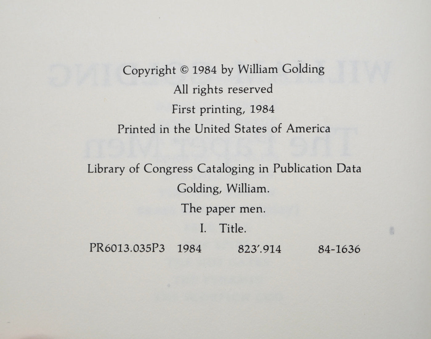 William Golding’s The Paper Men — First American Edition