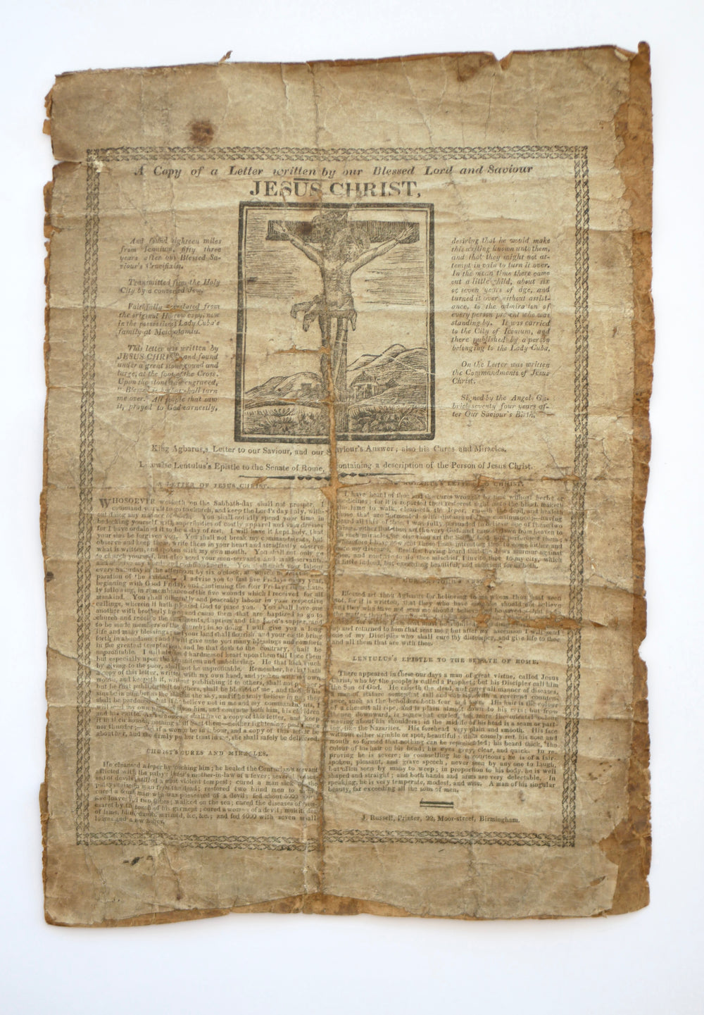 A Copy of a Letter Written by Our Blessed Lord — The Letter of Christ, Broadside — Birmingham, J. Russell, c. 1814–1830