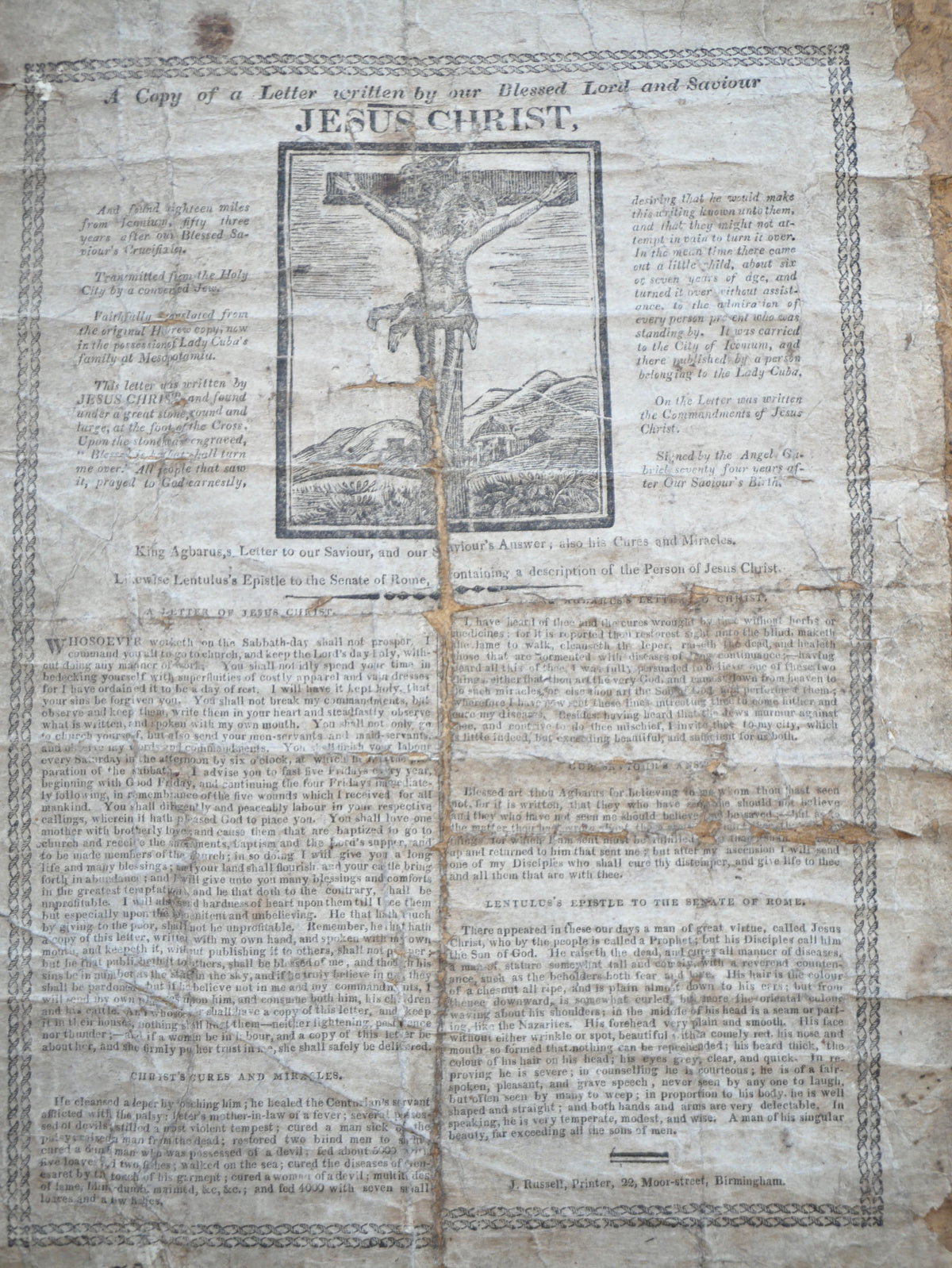 A Copy of a Letter Written by Our Blessed Lord — The Letter of Christ, Broadside — Birmingham, J. Russell, c. 1814–1830