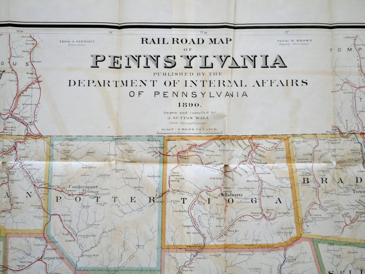 Rail Road Map of Pennsylvania, 1890 — J. Sutton Wall for the Department of Internal Affairs — Julius Bien & Co., in Original Cloth Case