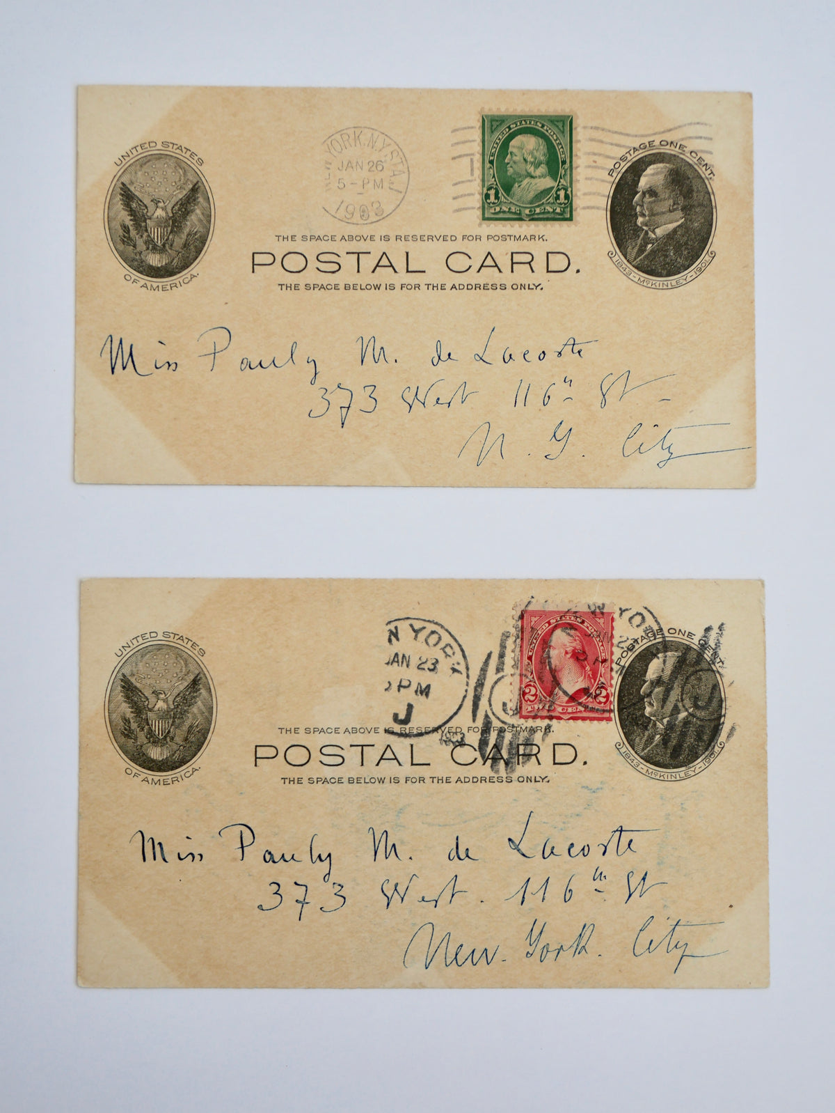 Two Original Ink Drawings on Postal Cards — Signed ‘Cte Maurice de Dombasle’ — New York, January 1903