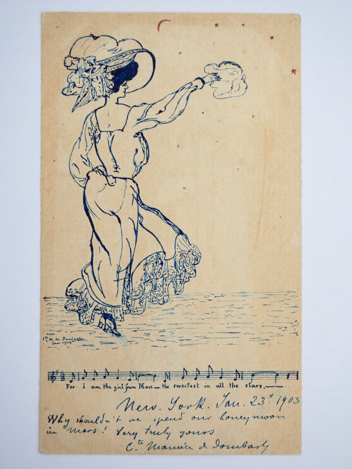 Two Original Ink Drawings on Postal Cards — Signed ‘Cte Maurice de Dombasle’ — New York, January 1903