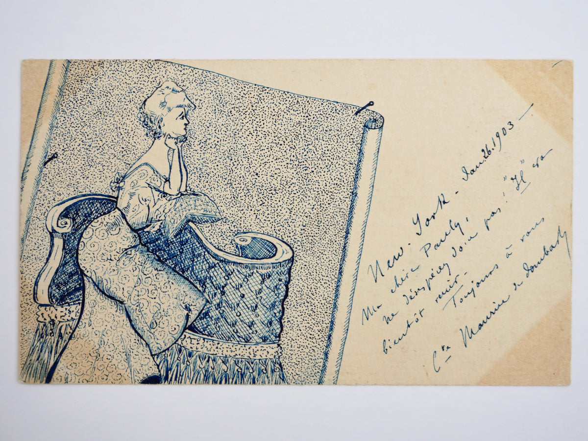 Two Original Ink Drawings on Postal Cards — Signed ‘Cte Maurice de Dombasle’ — New York, January 1903