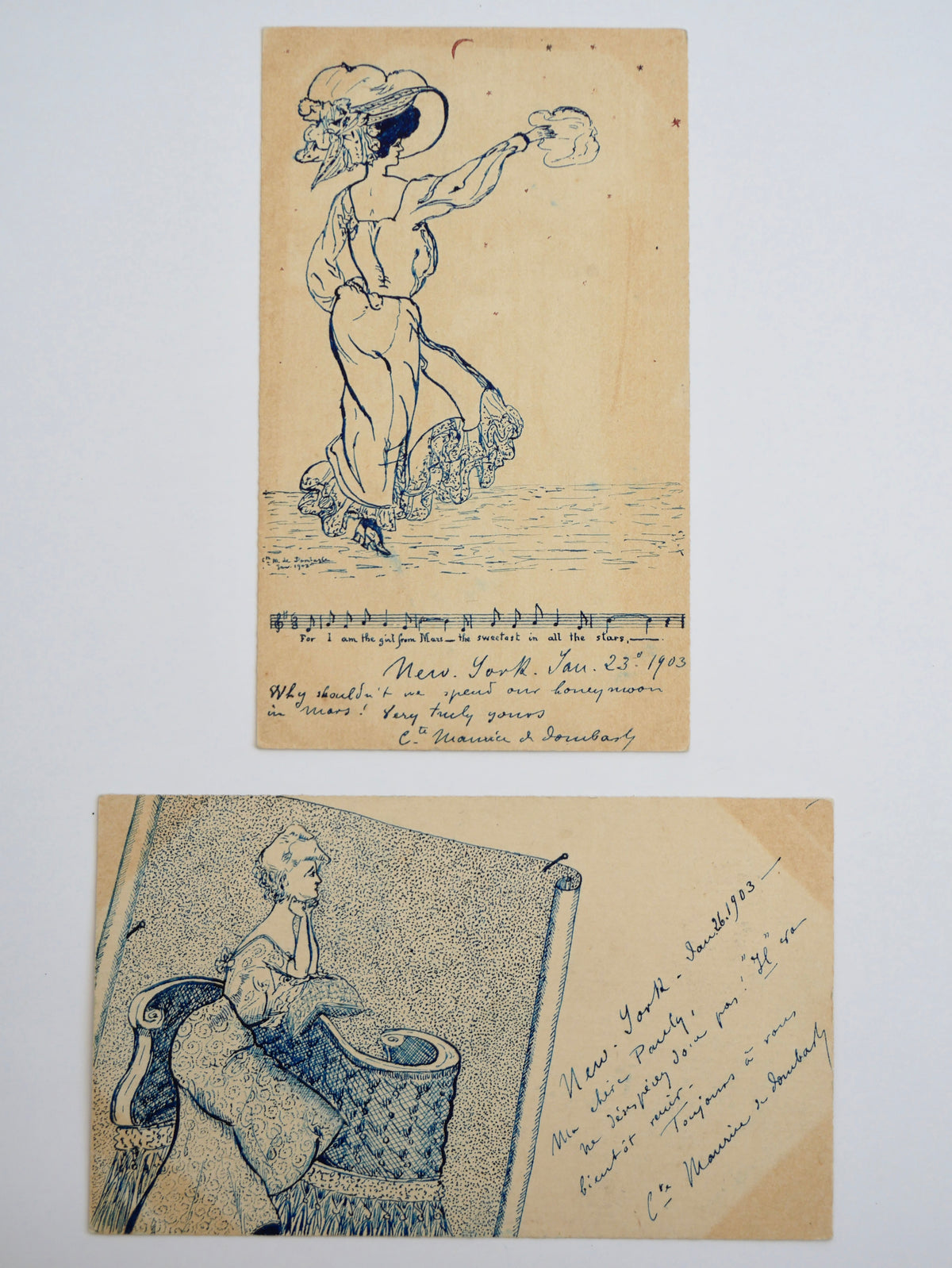 Two Original Ink Drawings on Postal Cards — Signed ‘Cte Maurice de Dombasle’ — New York, January 1903