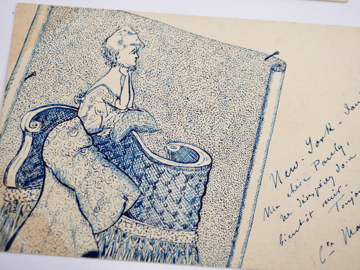 Two Original Ink Drawings on Postal Cards — Signed ‘Cte Maurice de Dombasle’ — New York, January 1903