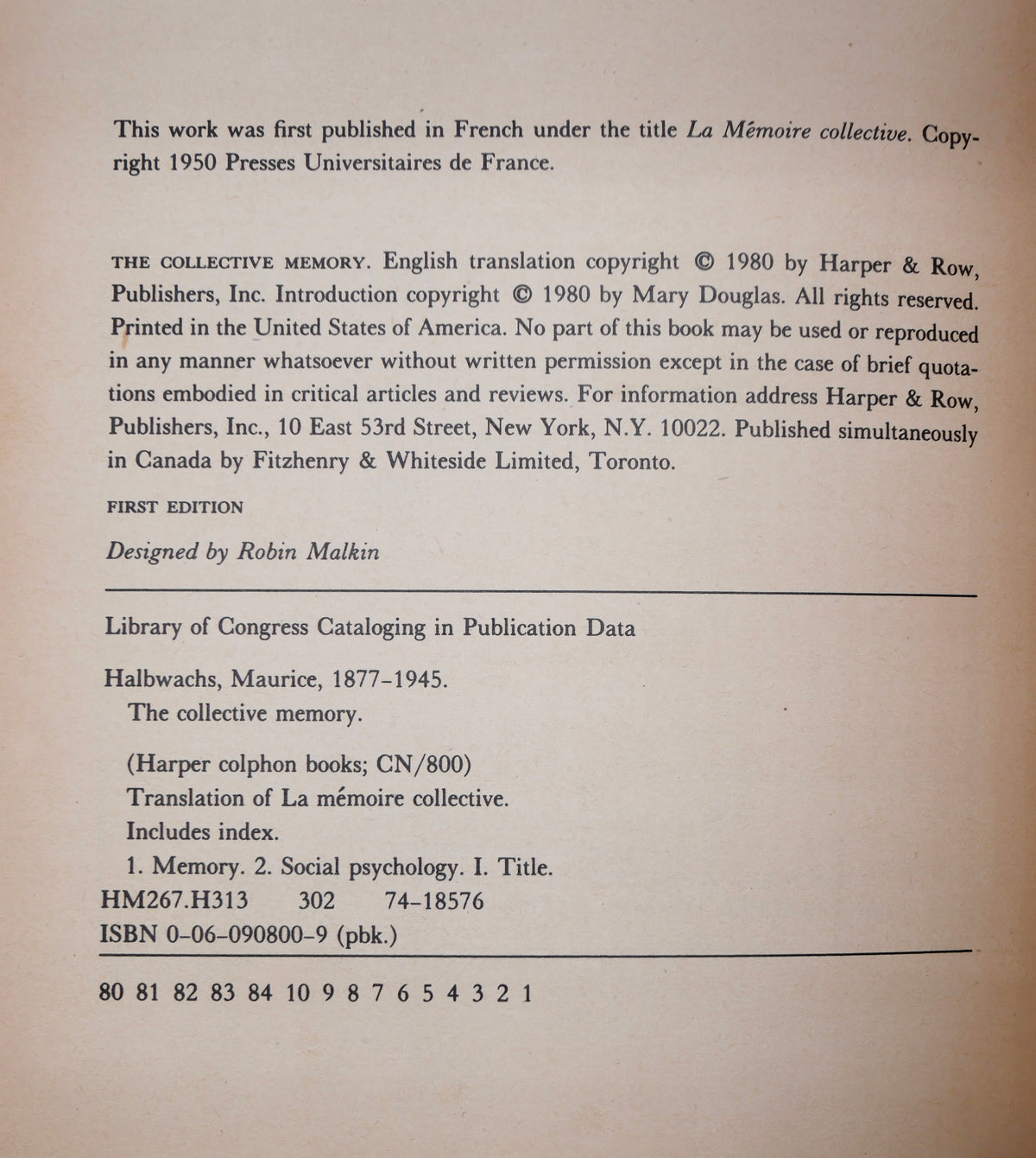The Collective Memory — Maurice Halbwachs — First Edition in English, New York, 1980