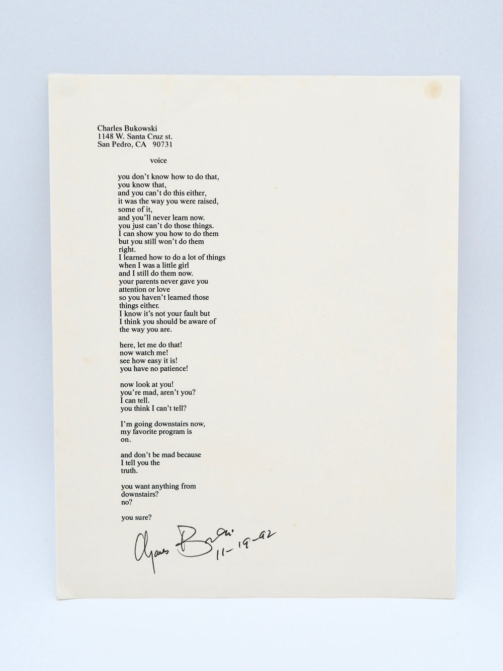 voice (1992) — Bukowski’s Signed & Dated Manuscript Poem — His Own Text of the Poem Published After His Death as “the simple truth”
