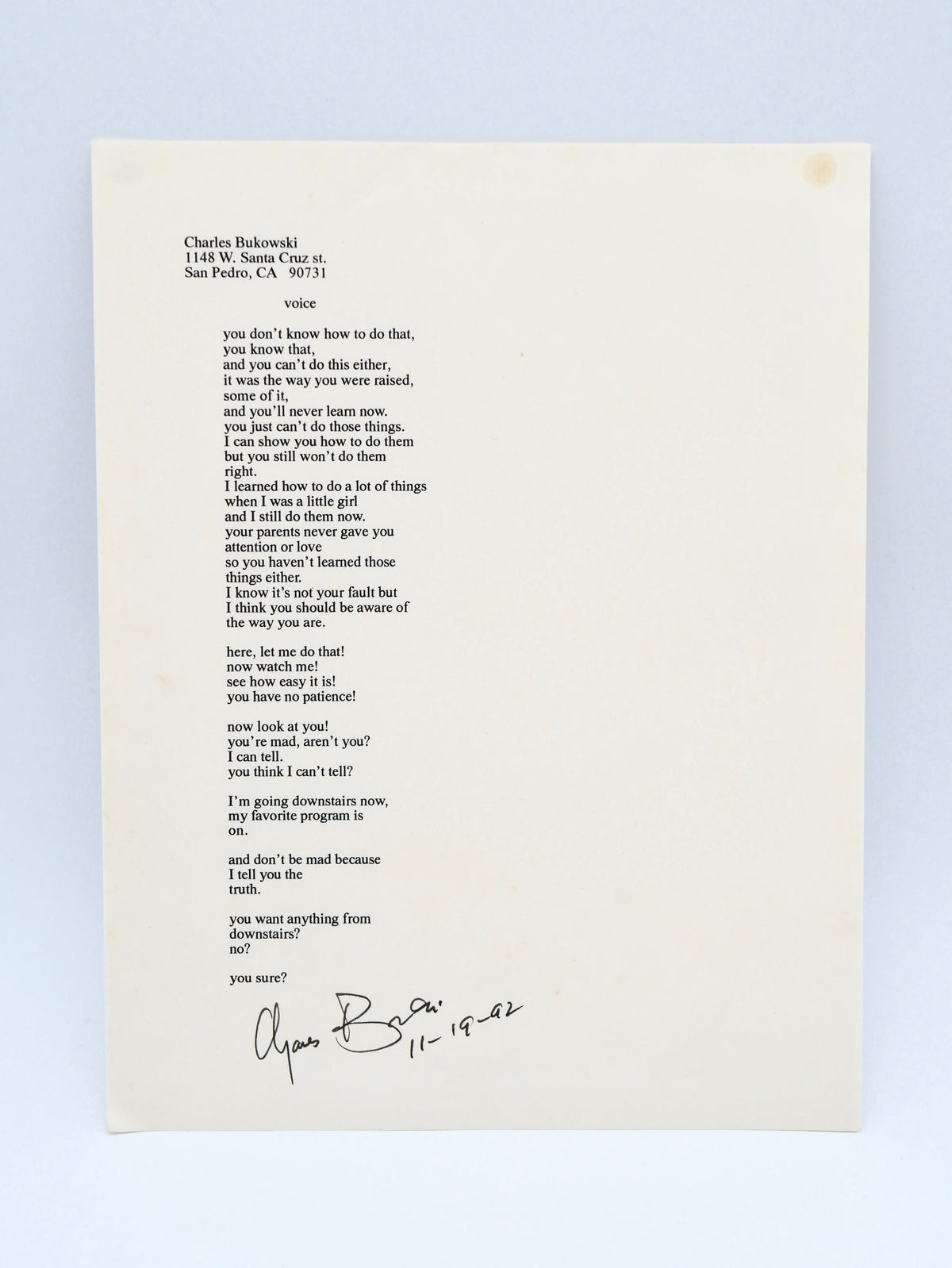 voice (1992) — Bukowski’s Signed & Dated Manuscript Poem — His Own Text of the Poem Published After His Death as “the simple truth”