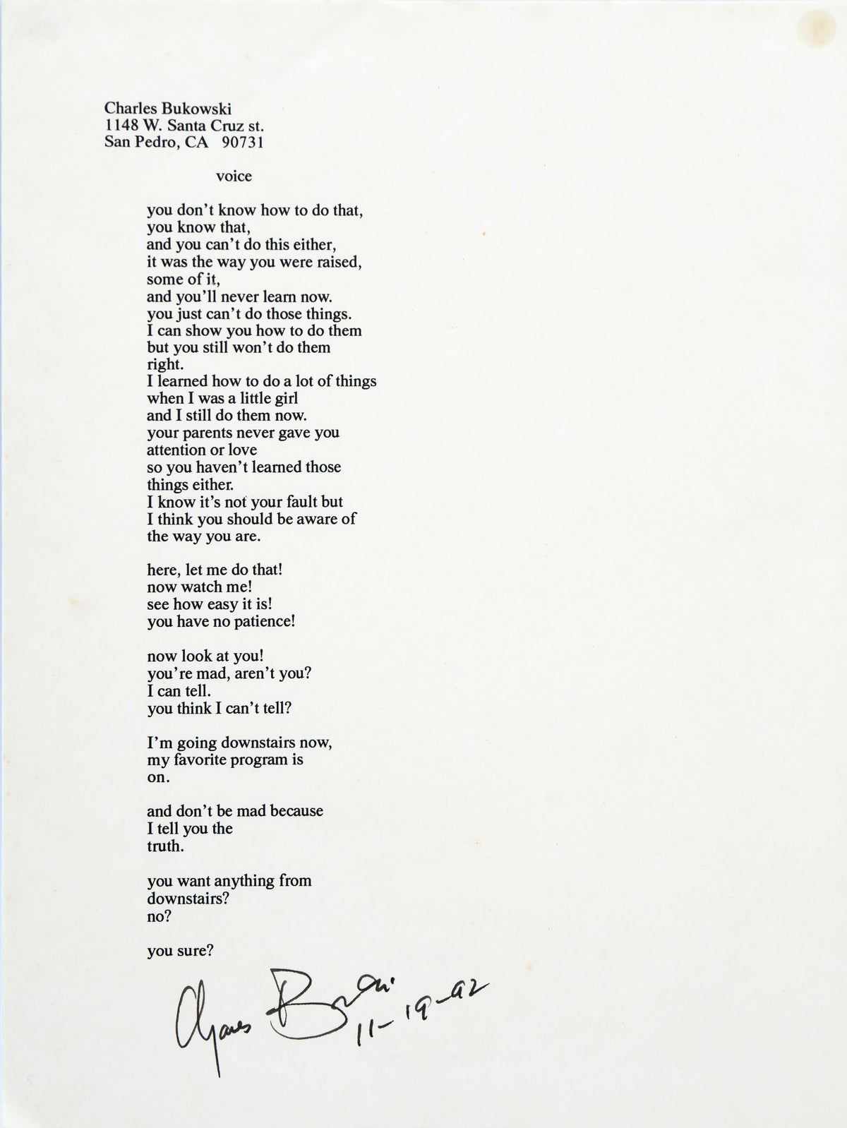 voice (1992) — Bukowski’s Signed & Dated Manuscript Poem — His Own Text of the Poem Published After His Death as “the simple truth”