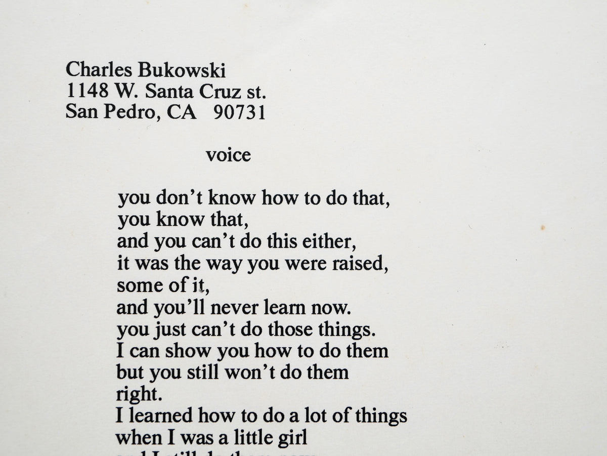 voice (1992) — Bukowski’s Signed & Dated Manuscript Poem — His Own Text of the Poem Published After His Death as “the simple truth”