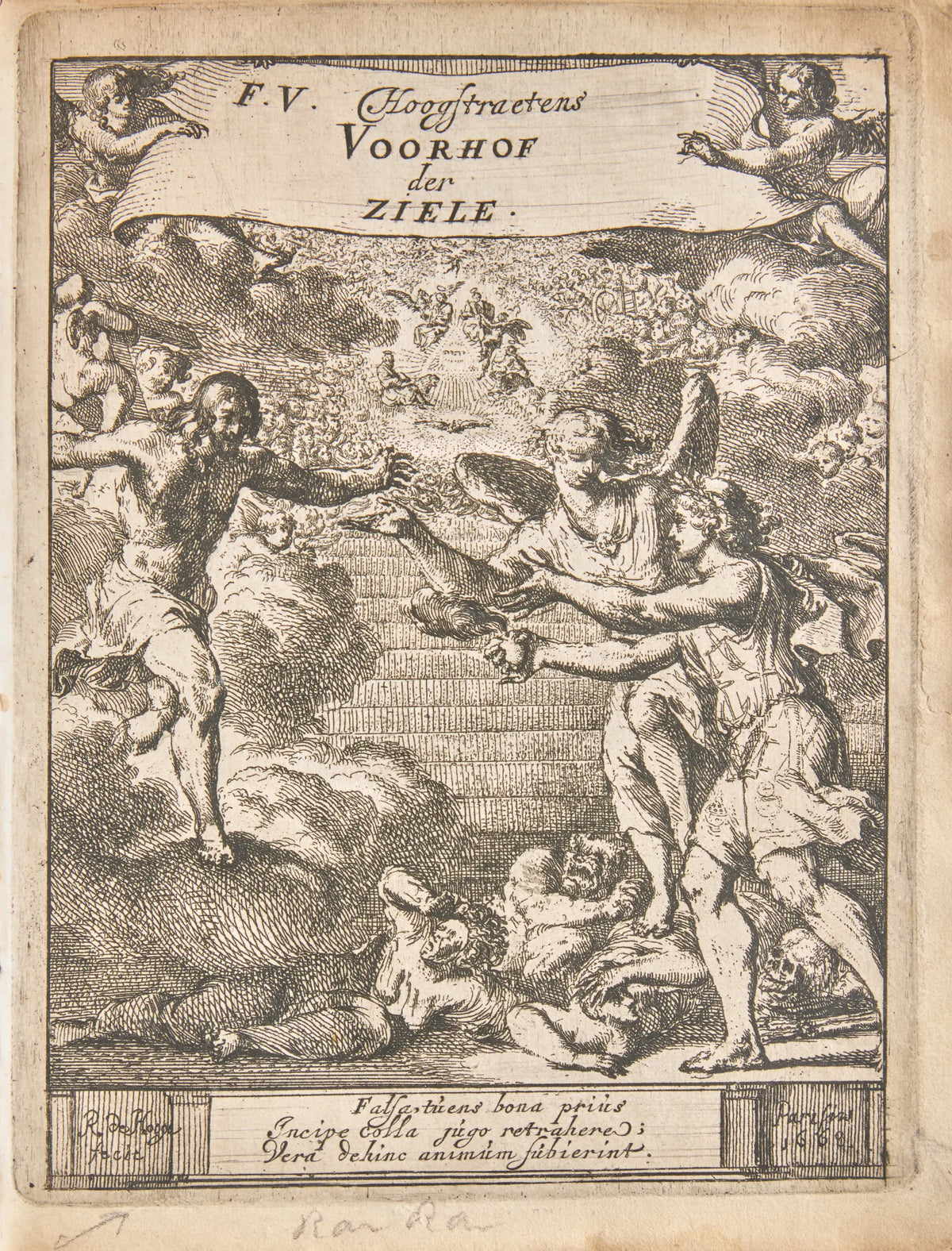 Added engraved title-plate signed "R. de Hooge fecit" and dated "Parisiis 1668" — Het Voorhof der Ziele, Rotterdam 1668
