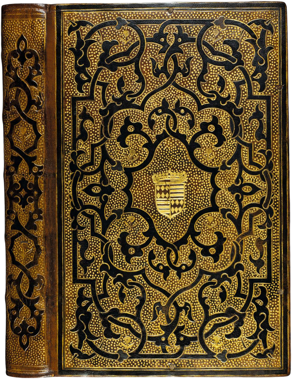 Decorative book cover with intricate black and gold patterns on a brown background
