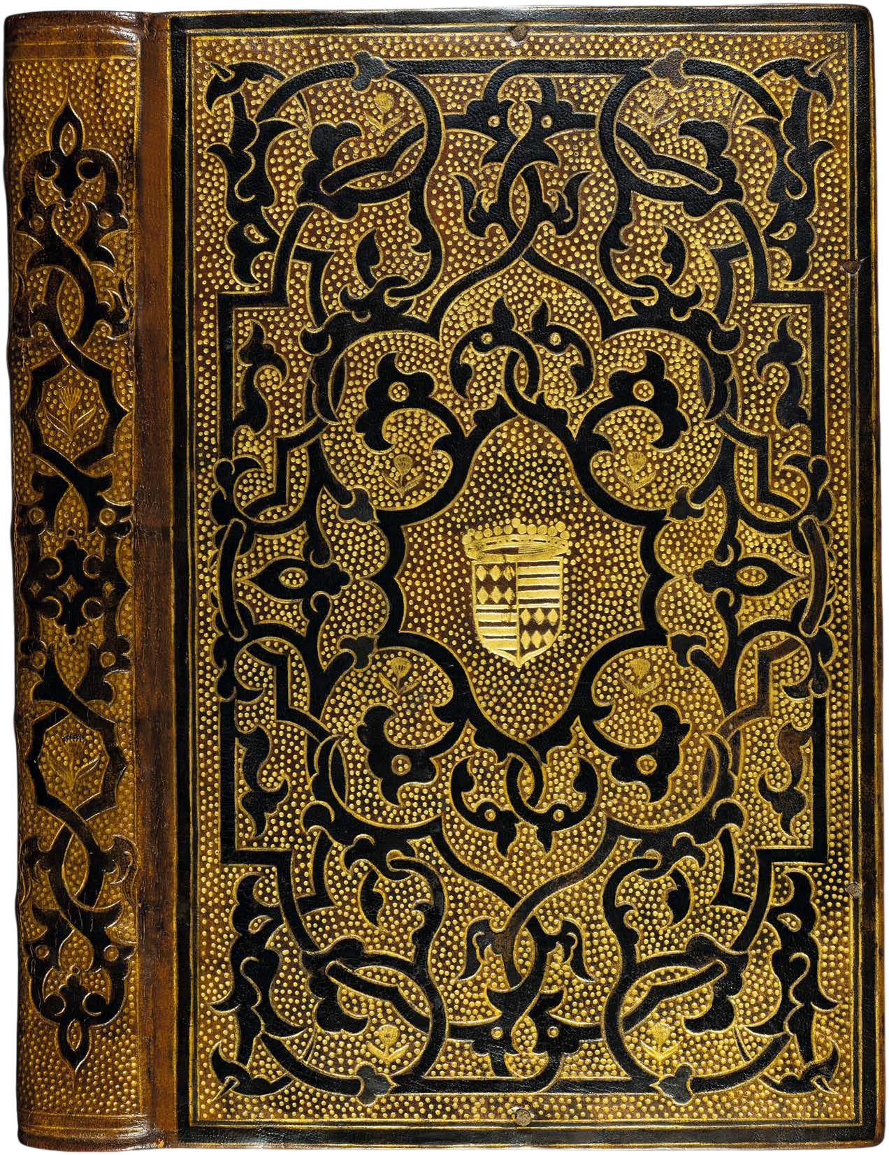 Decorative book cover with intricate black and gold patterns on a brown background