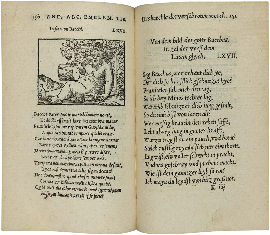 Open book with text and an illustration of a nude figure on a table.