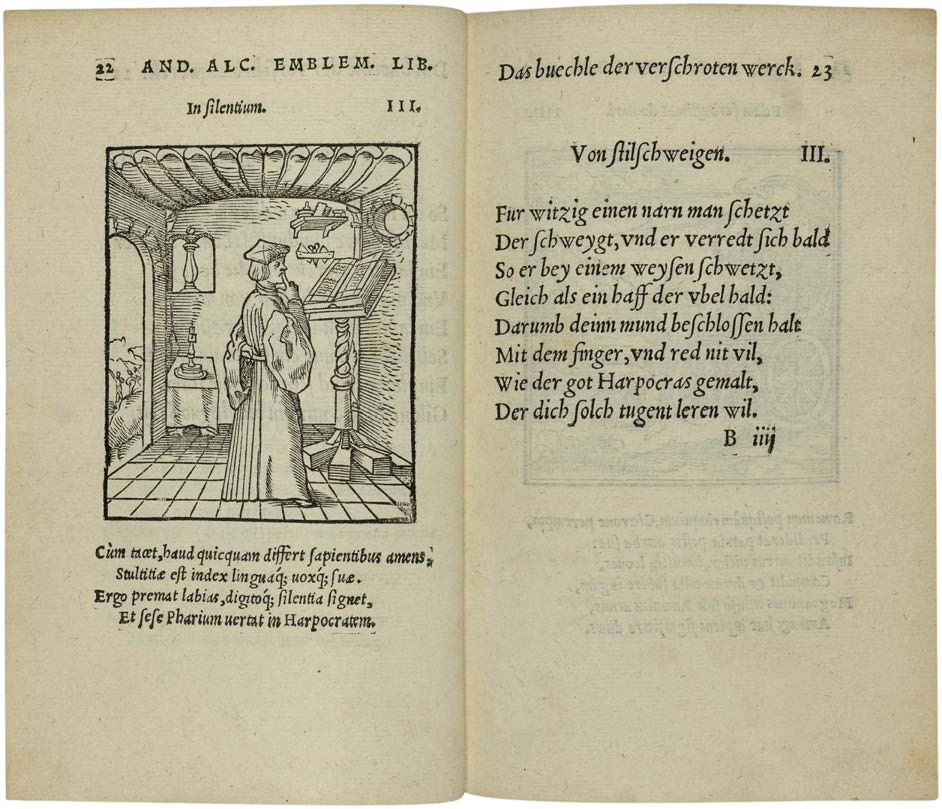 Open book with text and illustration on aged paper