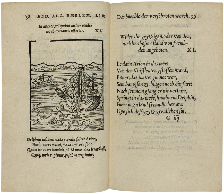 Open book with text and a woodcut illustration of a ship and dolphins on a beige background