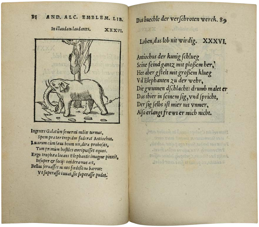 Open book with text and an illustration of an elephant on a leaf