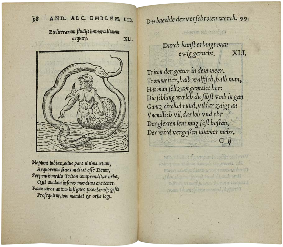 Open book with text and an illustration of a mermaid and snake on the left page.