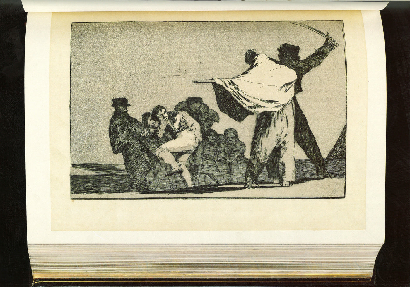 Goya, Disparate conocido (Harris 266), proof before letters, in black. Two scarecrows dressed as soldiers, one brandishing a sabre; a single man in the light mocks them. Lettered ¡Qué guerrero! in 1877. The copper: Louvre, Chalcographie, inv. 11440.