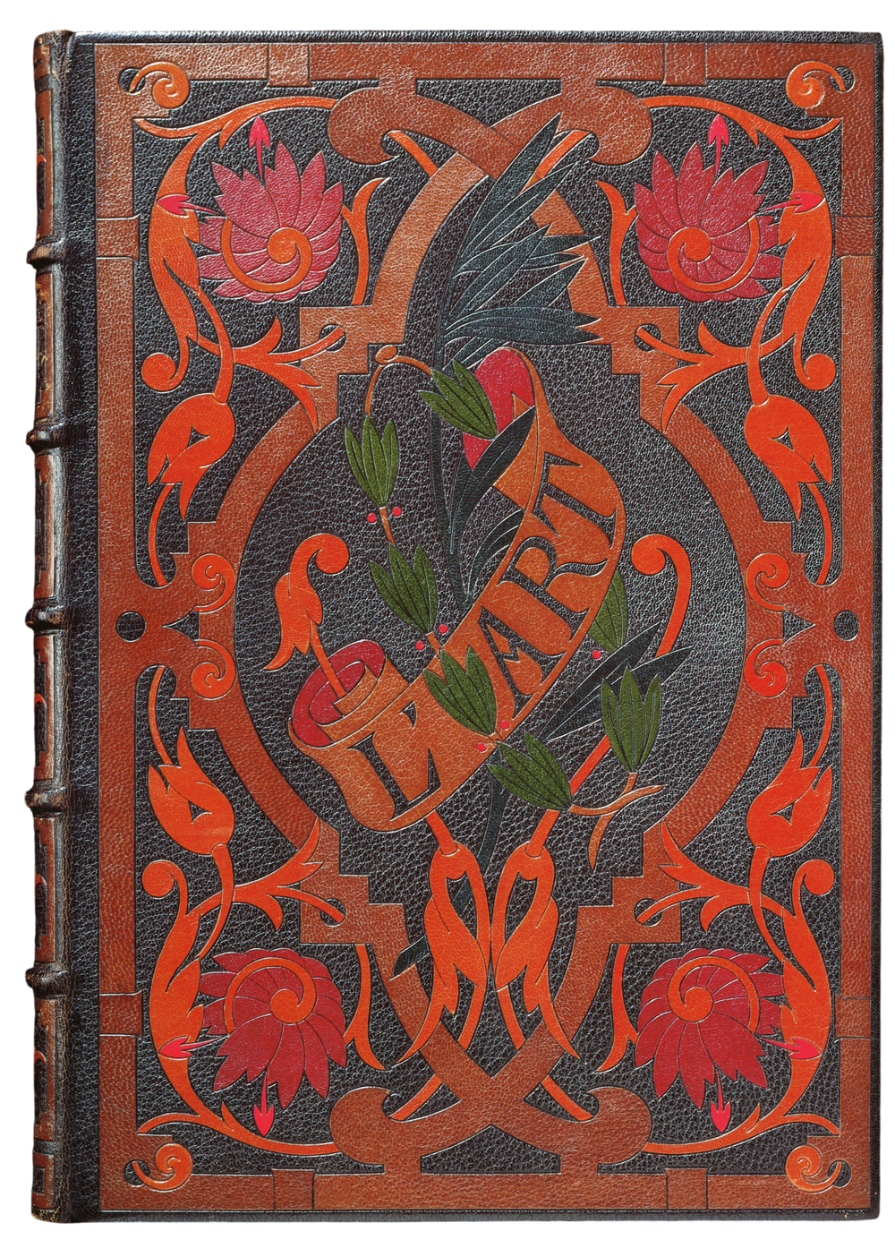The Prince Demidoff copy of L'Art, 1877: front board in dark brown morocco with polychrome leather inlays within a Renaissance frame, the title L'Art inlaid at the centre, no gold tooling. Signed Marius Michel.