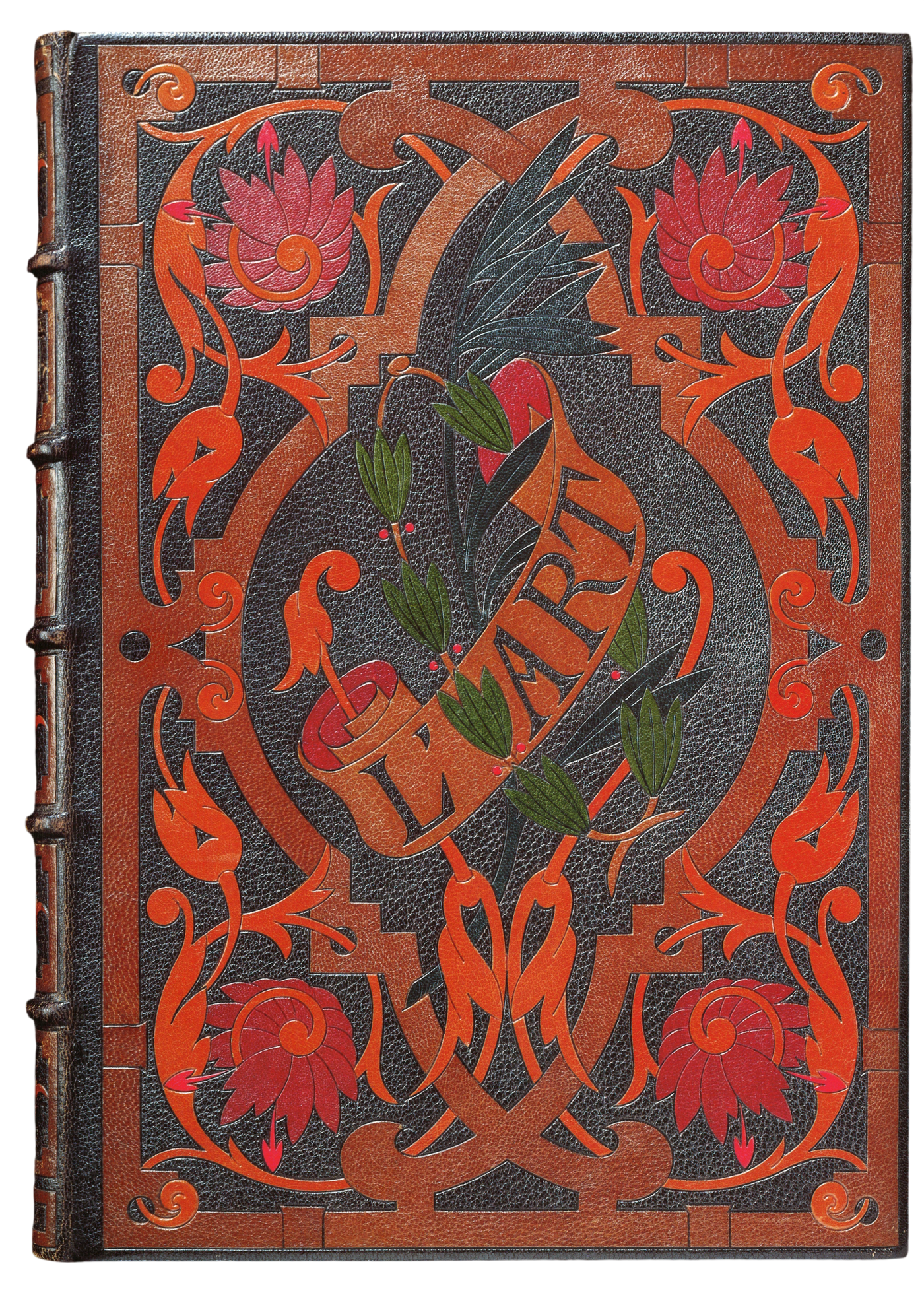 The Prince Demidoff copy of L'Art, 1877: front board in dark brown morocco with polychrome leather inlays within a Renaissance frame, the title L'Art inlaid at the centre, no gold tooling. Signed Marius Michel.