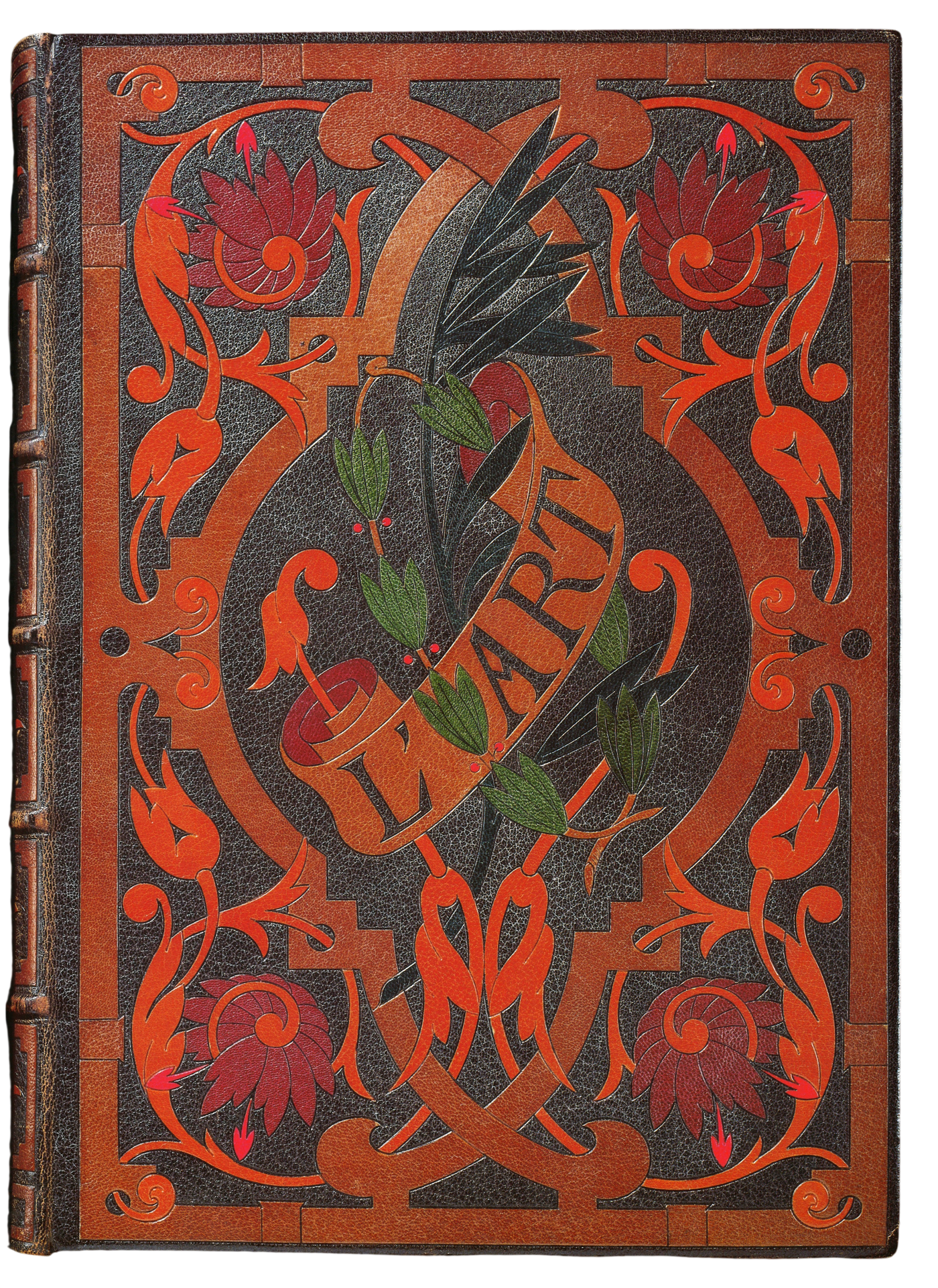 The Prince Demidoff copy of L'Art, 1877: the board of the second volume, dark brown morocco with polychrome leather inlays after La Vallière, the title L'Art inlaid at the centre. Bound by Marius-Michel.