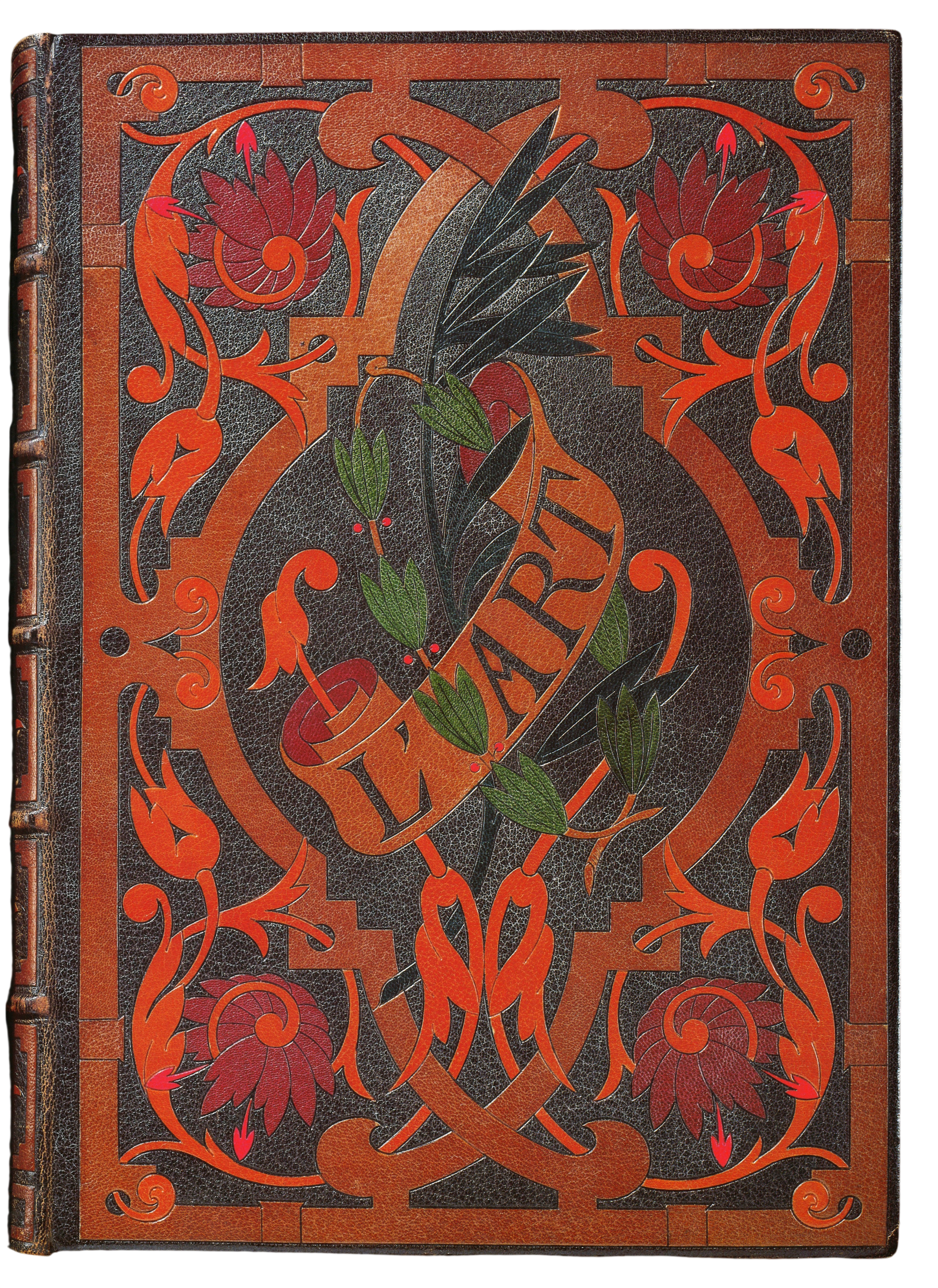 The Prince Demidoff copy of L'Art, 1877: the board of the second volume, dark brown morocco with polychrome leather inlays after La Vallière, the title L'Art inlaid at the centre. Bound by Marius-Michel.