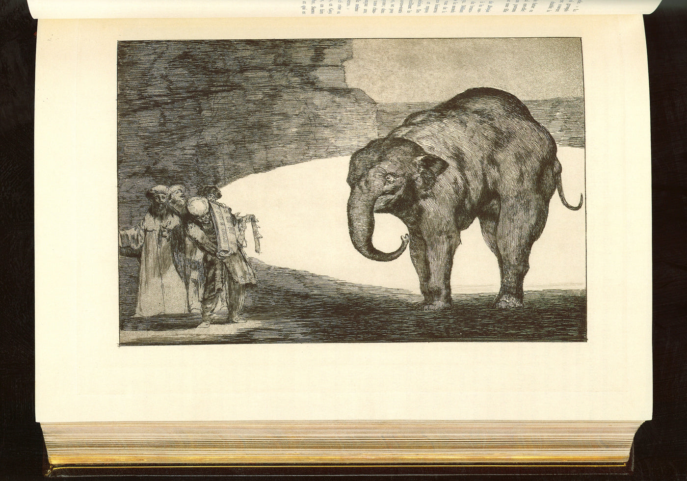 Goya, Disparate de bestia (Harris 268), proof before letters, in black. A tame elephant outside a ring of light, confronted by four bearded men in exotic dress, one holding up a large book. Lettered Otras leyes para el pueblo in 1877. The copper: Louvre, Chalcographie, inv. 11441.