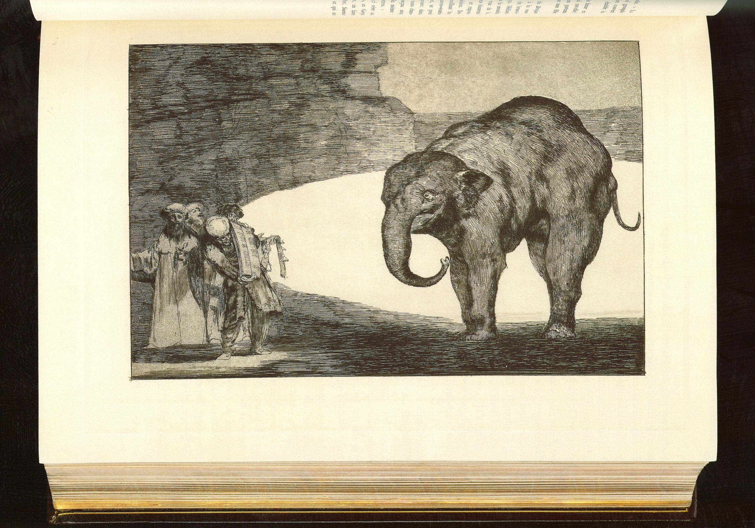 Goya, Disparate de bestia (Harris 268), proof before letters, in black. A tame elephant outside a ring of light, confronted by four bearded men in exotic dress, one holding up a large book. Lettered Otras leyes para el pueblo in 1877. The copper: Louvre, Chalcographie, inv. 11441.
