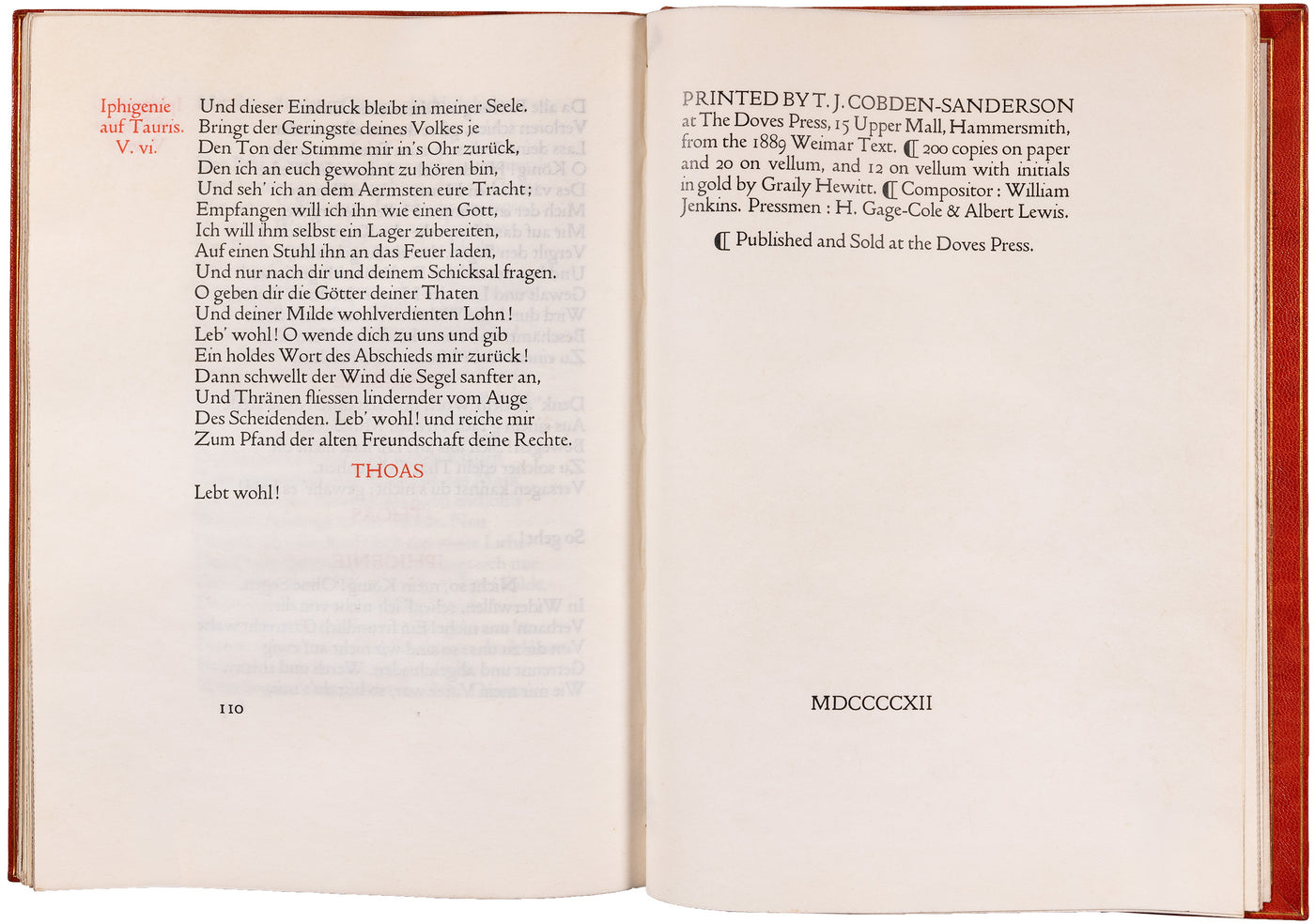 The Doves Press Iphigenie auf Tauris, one of only twenty on snow-white vellum, in signed Doves Bindery morocco