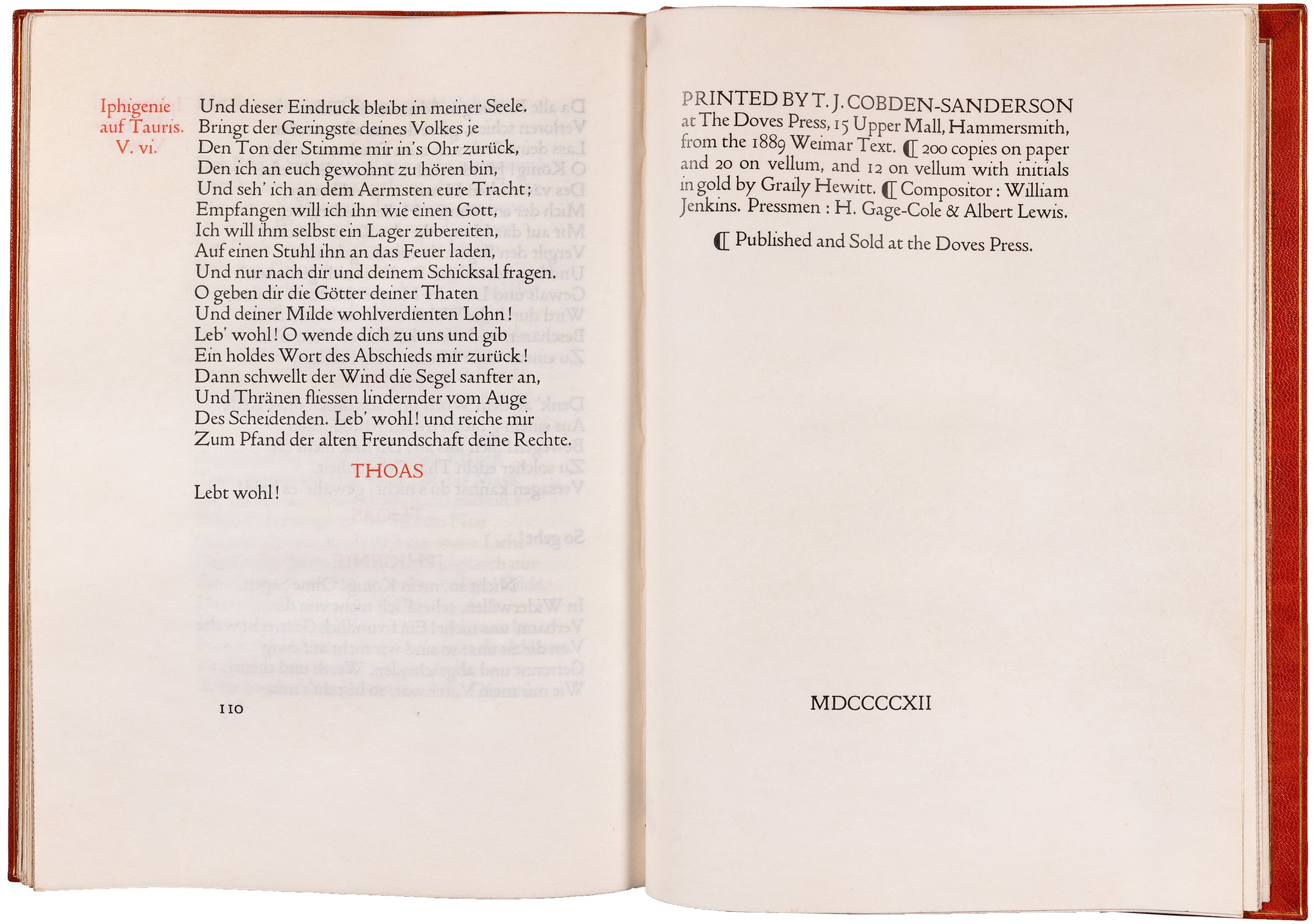 The Doves Press Iphigenie auf Tauris, one of only twenty on snow-white vellum, in signed Doves Bindery morocco